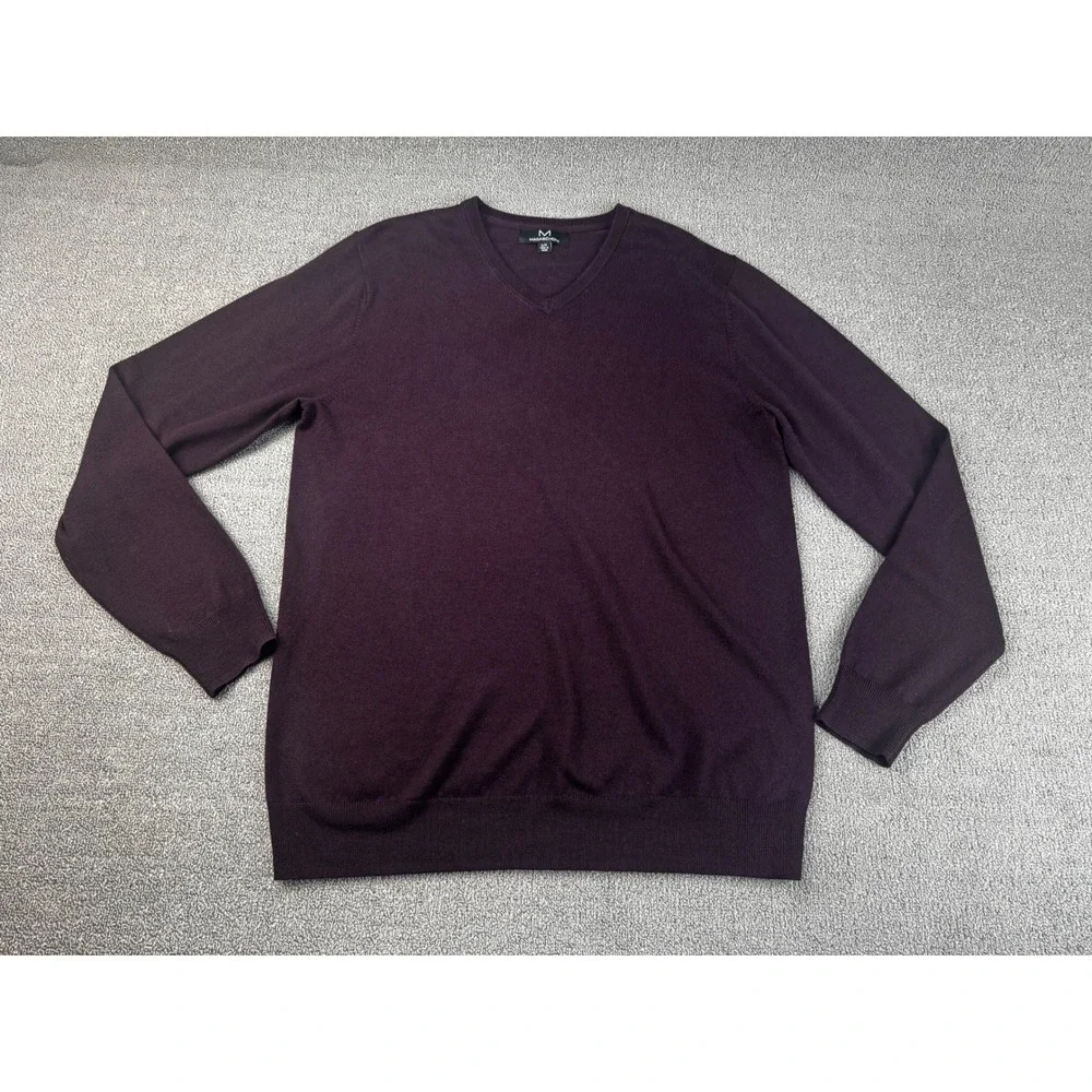 Magaschoni Sweater Mens Large Tall L/T Burgundy 100% Wool V-Neck Fine Knit